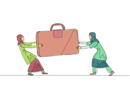 Continuous one line drawing two aggressive Arabian businesswoman fighting over briefcase. Fight over the client data contained in the bag. Businesswoman attack. Single line draw vector illustrationのイラスト素材