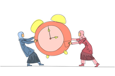 Single one line drawing two emotional Arabian businesswoman fighting over alarm clock. Concept of fighting for rare items for prestige. Conflict. Attack. Continuous line design graphic illustrationのイラスト素材