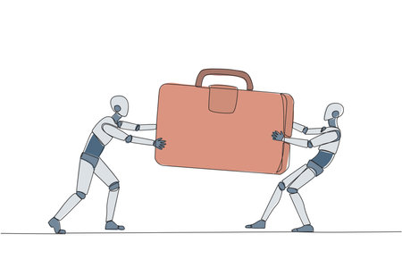 Continuous one line drawing two aggressive robot fighting over the briefcase. Fight over the client data contained in the bag. Robotic attack. Target. AI. Single line draw design vector illustrationのイラスト素材