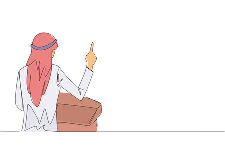 Single continuous line drawing from back view Arabian businessman speak at podium while lifting index finger. Businessman in Conference Hall present new business. One line design vector illustrationのイラスト素材