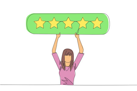 Single one line drawing young happy woman holding rating board which contains 5 stars. Star rating. Positive review. Online shopping with give 5 rating. Continuous line design graphic illustrationのイラスト素材