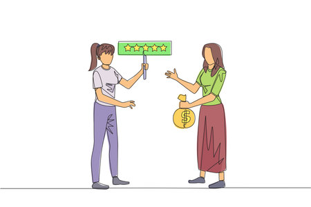 Continuous one line drawing two women standing opposite each other. One woman carry money bag, the other carry rating board with 5 stars. Buy and selling reviews. Single line draw vector illustrationのイラスト素材