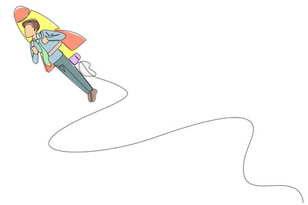 Single one line drawing young businessman flying with rocket. Desire to take the business to the skies. Successful entrepreneur. The great businessman. Continuous line design graphic illustrationのイラスト素材