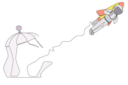 Continuous one line drawing astronaut flying with rocket and breaks the cage. Free from traps. Getting a booster to continue the business. Business soared. Single line draw design vector illustrationのイラスト素材