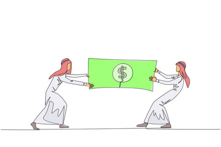 Continuous one line drawing two Arabian businessman fighting over banknotes. Fight over the capital provided by the government to selected entrepreneurs. Single line draw design vector illustrationのイラスト素材
