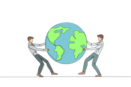 Continuous one line drawing two strong businessman fighting over the globe. Fighting over the area that will be the target of sales expansion. Aggressive. Single line draw design vector illustrationのイラスト素材