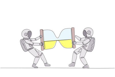Single one line drawing two angry astronaut fighting over the hourglass. Ask each other for...