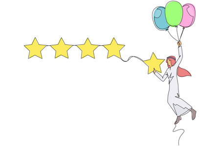 Continuous one line drawing young Arabian man flying with balloon carry 1 star and wants to align it with the other 4 stars. Trying to give perfect rating. Single line draw design vector illustrationのイラスト素材