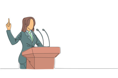 Single one line drawing young energetic businesswoman speaking at the podium while lifting index finger up. She made a favorable statement for the company. Continuous line design graphic illustrationのイラスト素材