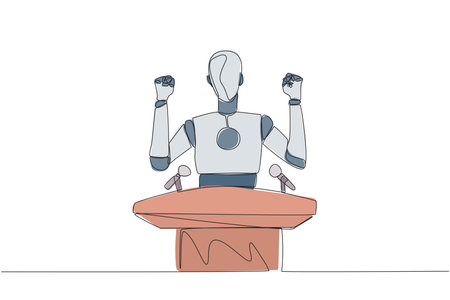 Continuous one line drawing smart robotic speaking at the podium while raising and clenching both hands. Styled like a politician seeking votes. Orator. Single line draw design vector illustrationのイラスト素材