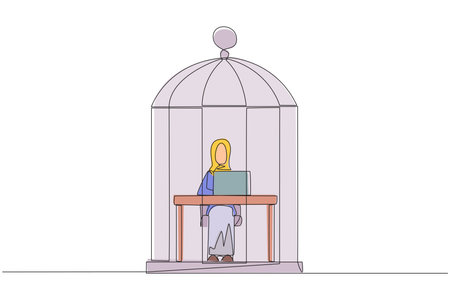 Single one line drawing Arab businesswoman trapped in cage sitting and typing on laptop computer. Tiring routine. Unhappy businessman with many deadline. Continuous line design graphic illustrationのイラスト素材