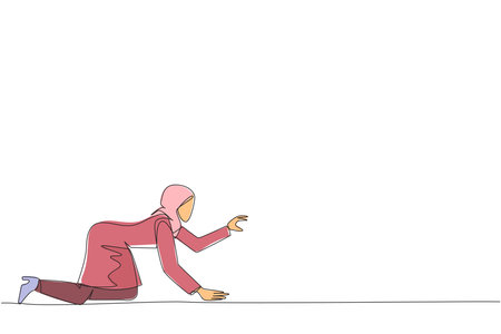 Continuous one line drawing crawl Arabian businesswoman. Trying to get up after being attacked by a pandemic. Starting from crawling, walking, then running fast. Single line draw vector illustrationのイラスト素材