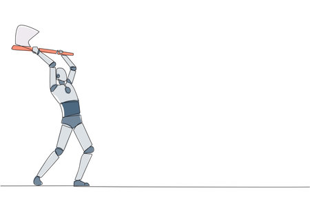Single continuous line drawing smart robot swinging an axe. Style like a lumberjack. Strong. Muscular. Powerful. Sports for physical health. Awareness. AI tech. One line design vector illustrationのイラスト素材