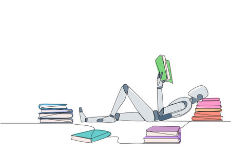 Single one line drawing smart robot lying down reading a book. Lots of books scattered around. Hobby reading. Technology book festival concept. Future AI. Continuous line design graphic illustrationのイラスト素材