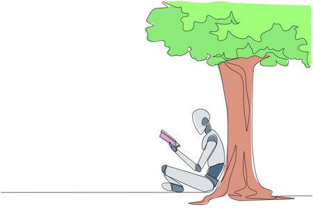 Continuous one line drawing robot sitting reading book under shady tree. Continuing second volume of the fiction story book. Enjoy reading. Book festival. Single line draw design vector illustrationのイラスト素材