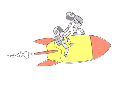 Single continuous line drawing astronaut helps colleague climb flying rocket. Metaphor help in managing company branches. Skyrocketed like the previous business. One line design vector illustrationのイラスト素材