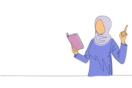 Single one line drawing Arab woman standing reading book. Gesture gets idea. Book can see from different points of view. Brilliant idea from reading book. Continuous line design graphic illustrationのイラスト素材