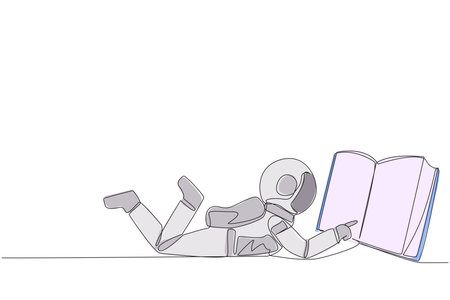 Continuous one line drawing astronaut lying on stomach reading big book. Enjoy reading book in a variety of styles. Reading increases insight. Love reading. Single line draw design vector illustrationのイラスト素材