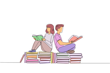Continuous one line drawing man woman sitting relax reading book on pile of books. Relax while reading fiction books. Enjoy the storyline. Book festival concept. Single line design vector illustrationのイラスト素材