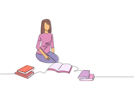 Single one line drawing woman reading the books happily. Good reading interest. Really enjoy reading story books. Reading everywhere. Book festival concept. Continuous line design graphic illustrationのイラスト素材