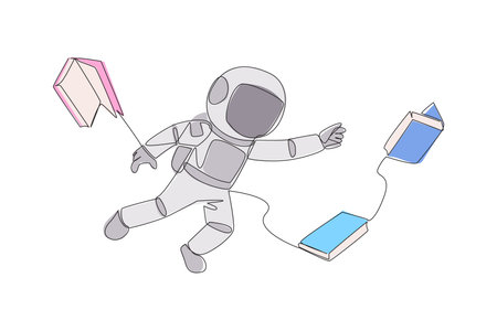 Single continuous line drawing astronauts floating in space trying to pick up books. No gravity makes it float. Basic space knowledge. Space book festival concept. One line design vector illustrationのイラスト素材