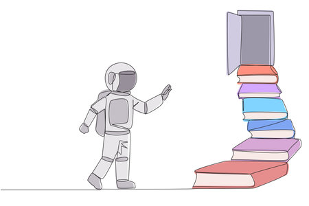 Single continuous line drawing astronaut climb stairs from the book stack. Towards the wide open door. Metaphor of finding the answers from books. Book festival. One line design vector illustrationのイラスト素材