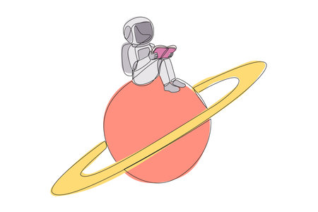 Single one line drawing astronaut sitting on the planet Saturn. Read about the natural conditions of outer space planets. Adaptation. Book festival concept. Continuous line design graphic illustrationのイラスト素材