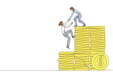 Continuous one line drawing businesswoman helps colleague climb pile of coins. Metaphors help achieve financial target before entering retirement. Teamwork. Single line draw design vector illustrationのイラスト素材