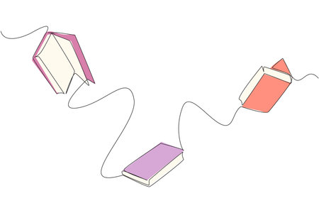 Single continuous line drawing books floating in space. Scientists explain that floating is caused by the loss of the earth's gravitational effect. Book festival. One line design vector illustrationのイラスト素材