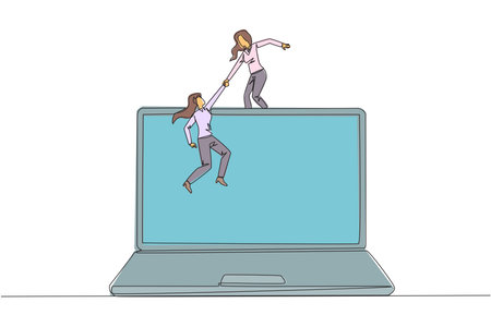 Continuous one line drawing businesswoman helping colleague to climb a laptop computer. Help create applications to develop business online. Great teamwork. Single line draw design vector illustrationのイラスト素材