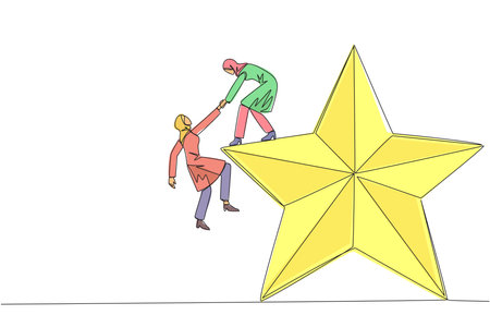 Single one line drawing Arab businesswoman helps colleague climb star. Metaphor of achieving dreams of success together. Have a very good career position. Continuous line design graphic illustrationのイラスト素材
