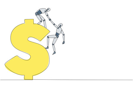 Single continuous line drawing smart robotic helps colleague climb the big dollar symbol. Desire to develop business together. Super great teamwork. Cohesiveness. One line design vector illustrationのイラスト素材