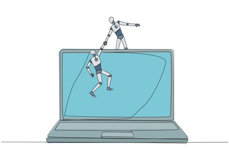 Single continuous line drawing smart robot helps colleague to climb a big laptop computer. Help create applications to develop business online. Great teamwork. One line design vector illustrationのイラスト素材