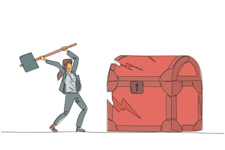 Continuous one line drawing businesswoman preparing to hit big treasure chest. Rampage. Running out of capital. Steal. Doing dirty business. Not a commendable. Single line design vector illustrationのイラスト素材