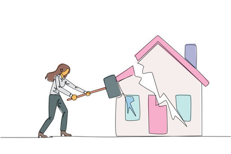 Single continuous line drawing businesswoman preparing to hit miniature house. Metaphor of house as collateral for payment. Business fails. Home is gone. Bankrupt. One line design vector illustrationのイラスト素材