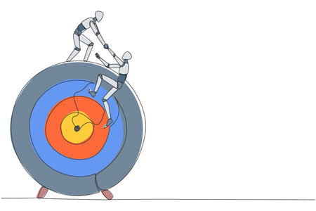 Continuous one line drawing smart robotic helps colleague climb the big arrow board target....