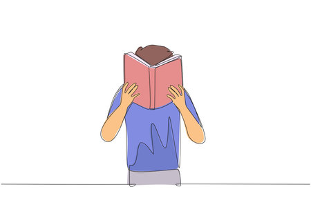 Continuous one line drawing man seriously reading a book until cover the face. Nervous when facing the final exams. Try to focus. Reading increases insight. Single line draw design vector illustrationのイラスト素材