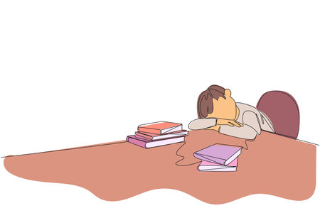 Continuous one line drawing man asleep at the table where there were piles of books. Tired after successfully finish the favorite reading book. Love read. Single line draw design vector illustrationのイラスト素材