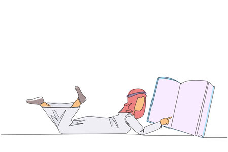 Single continuous line drawing Arab man lying on his stomach reading big book. Enjoy reading books in a variety of styles. Reading increases insight. Love reading. One line design vector illustrationのイラスト素材