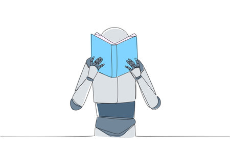 Continuous one line drawing robot seriously reading book until cover the face. Nervous when facing the final exams. Try to focus. Reading increase insight. Single line draw design vector illustrationのイラスト素材