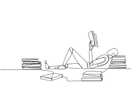 Single one line drawing smart robot lying down reading a book. Lots of books scattered around. Hobby reading. Technology book festival concept. Future AI. Continuous line design graphic illustrationのイラスト素材