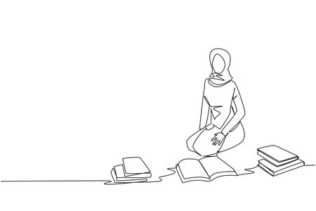 Single continuous line drawing Arabian woman reading the books happily. Good reading interest. Really enjoy reading story books. Reading everywhere. Book festival concept. One line vector illustrationのイラスト素材