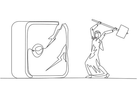 Continuous one line drawing Arab businessman preparing to hit big safe deposit box. Boss is furious want to destroy with hammer. Angry businessman. Lost. Single line draw design vector illustrationのイラスト素材