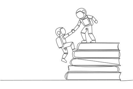 Single one line drawing astronaut help partner climb pile of books. Concept of helping each other to success together. Knowledge source book. Book festival. Continuous line design graphic illustrationのイラスト素材