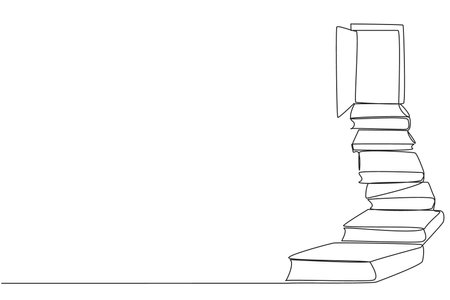 Single continuous line drawing stack the books used as steps. Reach for the open door at the end of the stairs. Symbol of achieving desires. Book festival concept. One line design vector illustrationのイラスト素材
