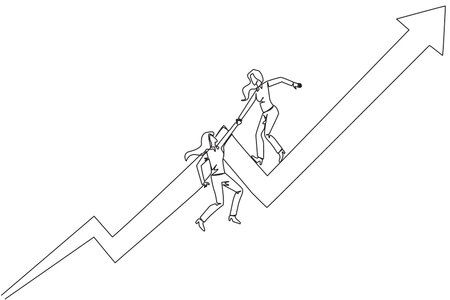 Single continuous line drawing businesswoman helps colleague to climb the rising arrow symbol. Help each other to achieve satisfactory targets. Grow together. One line design vector illustrationのイラスト素材