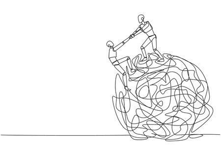 Single one line drawing smart robot helps colleague climbs the big heavy messy circle. Teamwork eliminates anxiety. Eliminate stress to focus on business. Continuous line design graphic illustrationのイラスト素材