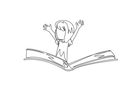 Single one line drawing the girl pops out from the middle of the book. Imagine the storyline. Experience a storybook adventure. Book festival concept. Continuous line design graphic illustrationのイラスト素材