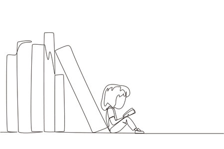 Continuous one line drawing girl reading sitting leaning against a pile of books. Habit of reading books every day. Library. Good habit. Book festival. Single line draw design vector illustrationのイラスト素材