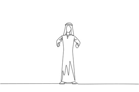 Continuous one line drawing Arabian businessman standing straight. Survive inflation and pandemics. Looking to the future of business is full of hopes of success. Single line draw vector illustrationのイラスト素材